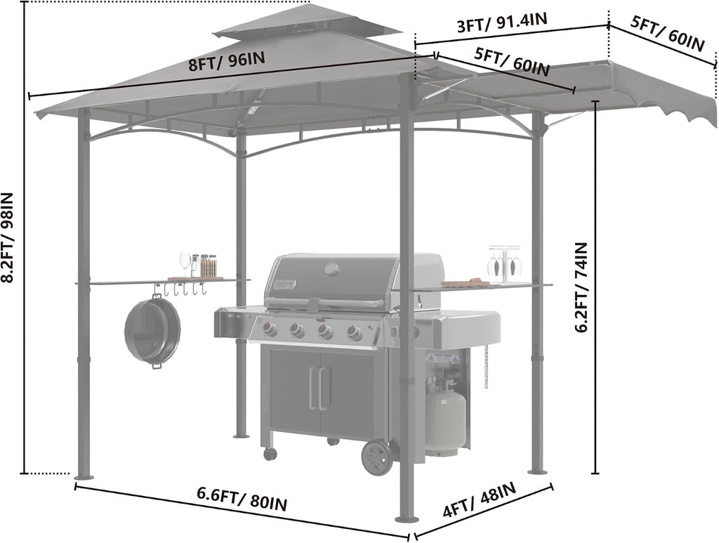 MASTERCANOPY 11 x 5 Grill Gazebo with Extra Side Awning Outdoor BBQ Gazebo with 2 LED Lights for Patio Party Backyard Picnic(Dark Gray)