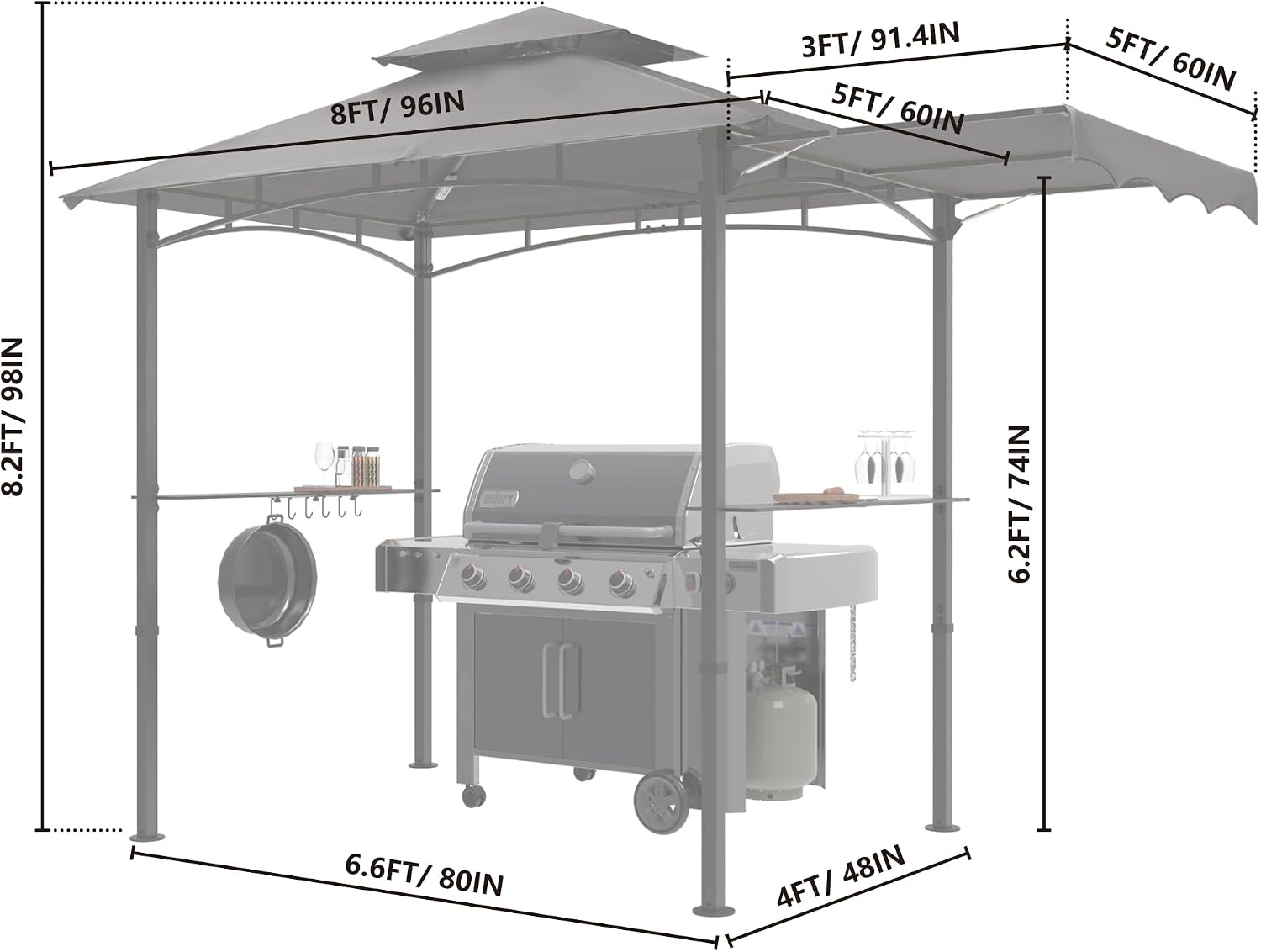 MASTERCANOPY 11 x 5 Grill Gazebo with Extra Side Awning Outdoor BBQ Gazebo with 2 LED Lights for Patio Party Backyard Picnic(Dark Gray)