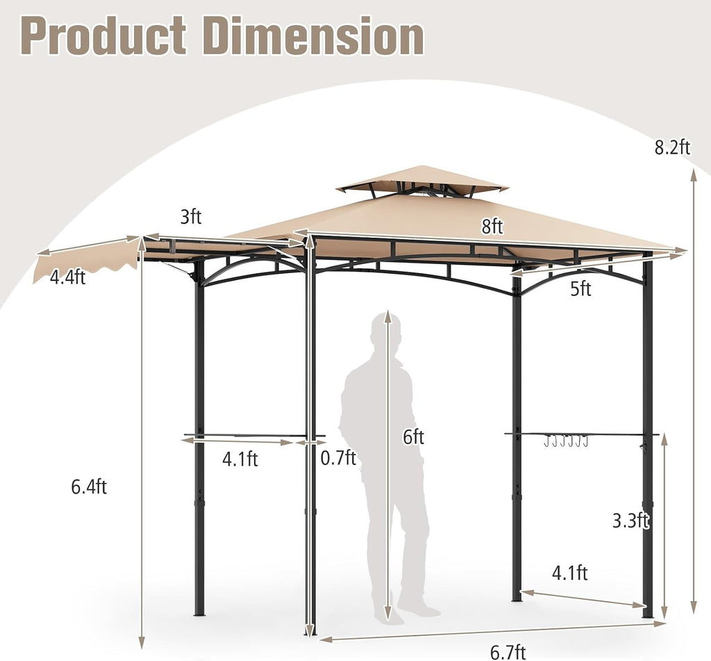 Tangkula 11x5 FT Grill Gazebo with Side Awning, 2-Tier Barbecue Gazebo with 2 Shelves, 12 Hanging Hooks, Bottle Opener, Outdoor Grill Canopy for Backyard Garden Poolside (Beige)