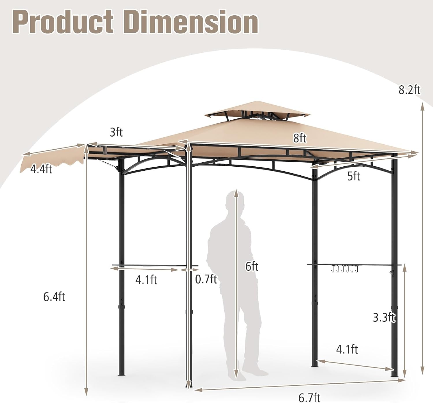 Tangkula 11x5 FT Grill Gazebo with Side Awning, 2-Tier Barbecue Gazebo with 2 Shelves, 12 Hanging Hooks, Bottle Opener, Outdoor Grill Canopy for Backyard Garden Poolside (Beige)