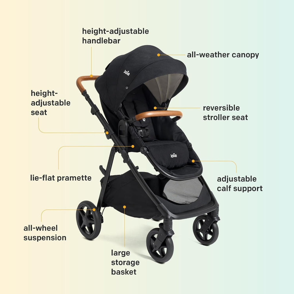 Joie Ginger and Mint Latch Travel System – 4-in-1 Travel System with Base-Free Infant Car Seat & Stroller, Built-in Latch for Easy Install and an Included All-Terrain Stroller (Shale Dark)