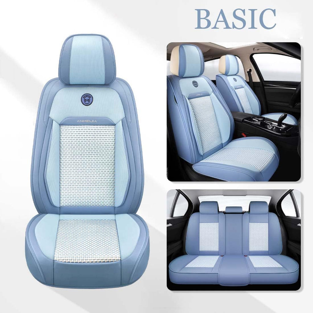 Sky Blue Car Seat Covers Full Set - Leather and Ice Silk Breathable Front and Rear Seat Covers for Women Men, Luxury Car Cushions