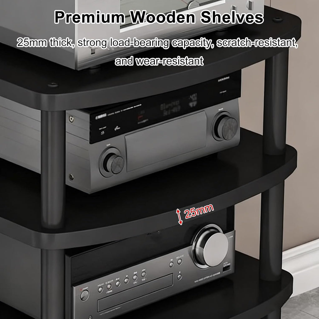 3-Tier Audio-Video Media Stand with Wheels, Home Stereo Entertainment Equipment Storage Cabinet for Meeting, Living, Recording Room(Black)