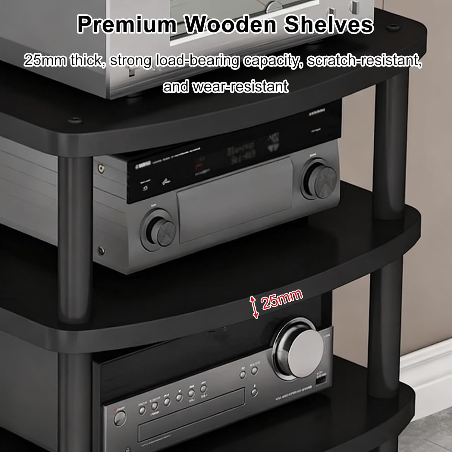3-Tier Audio-Video Media Stand with Wheels, Home Stereo Entertainment Equipment Storage Cabinet for Meeting, Living, Recording Room(Black)