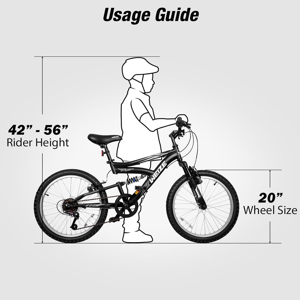 WEIZE Kids Mountain Bike, Kids' Bicycles for 6-14 Years Old Boys Girls with Dual Full Suspension, 6 Speeds Drivetrain, High-Carbon Steel Frame, Ideal for Young Riders and Adventurers