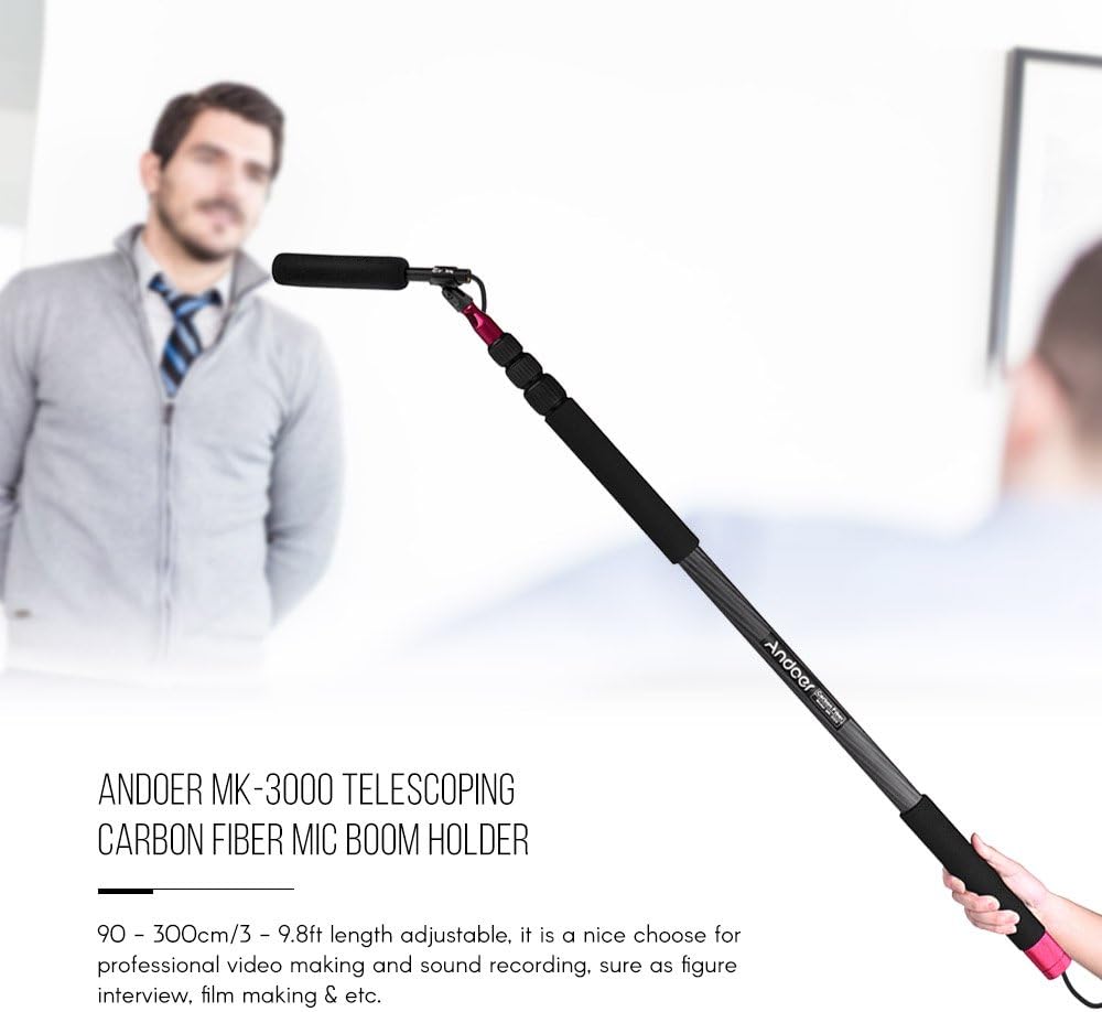 Andoer MK-3000 9.8ft Lightweight Carbon Fiber Mic Microphone Boom Holder Arm Pole Extension Mount Stand for Canon Nikon Sony DSLR Camera Camcorder Photography Sound Recording Interview Filming
