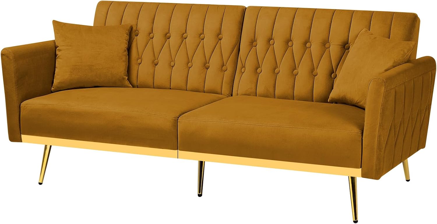 70' Velvet Futon Sofa Bed with 2 Pillows and Adjustable Armrests, Convertible Sleeper Bed W/Adjustable Backrests, Modern Loveseat for Living Room, Bedroom, Ginger