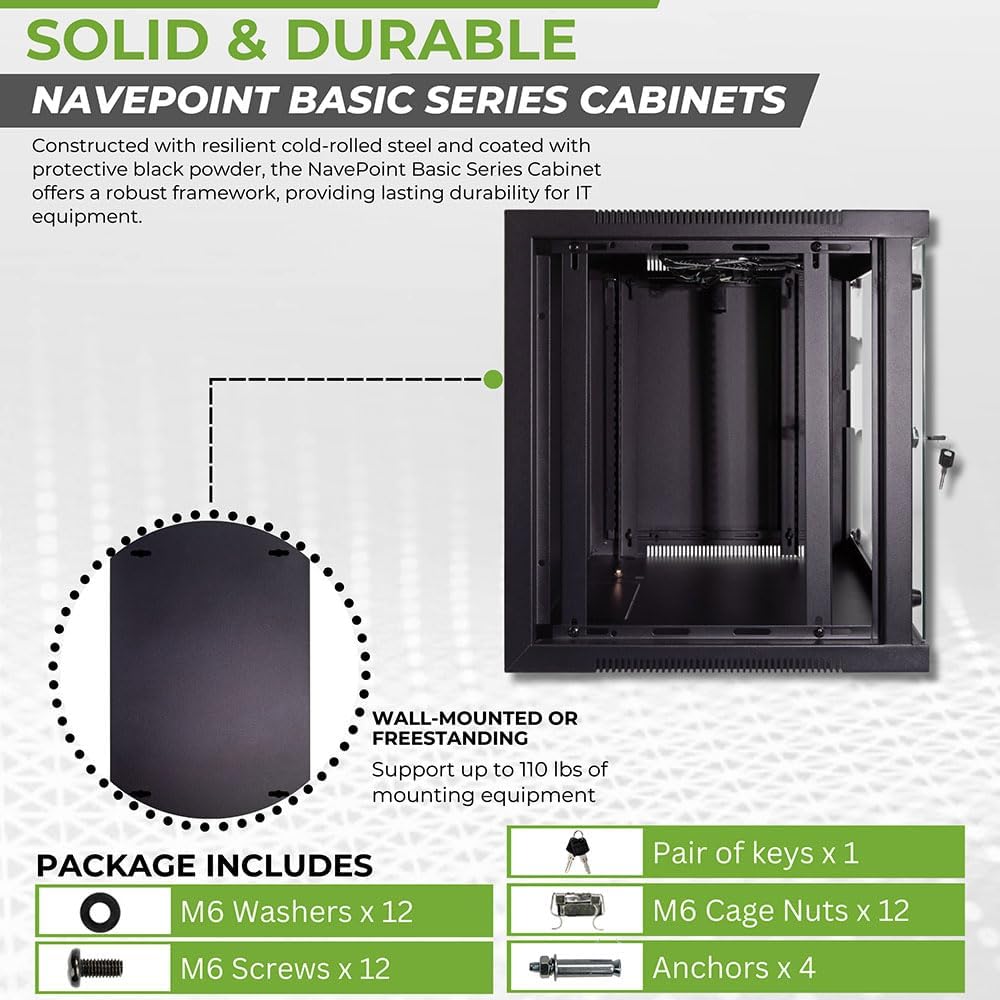 NavePoint 9U Wall Mount Network Cabinet for 19' IT Equipment with Lockable Glass Door & Removable Side Panels, 2 Fans, 17.7' Deep, Pre-Assembled