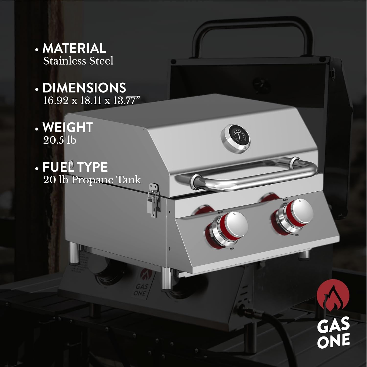 GasOne Portable Propane Grill – 16-inch Stainless Steel Tabletop Grill – Tabletop Gas Grill with Heat Control and Built-In Thermometer – Large Cooking Area – Ideal for Outdoor, Camping, Travel, RV