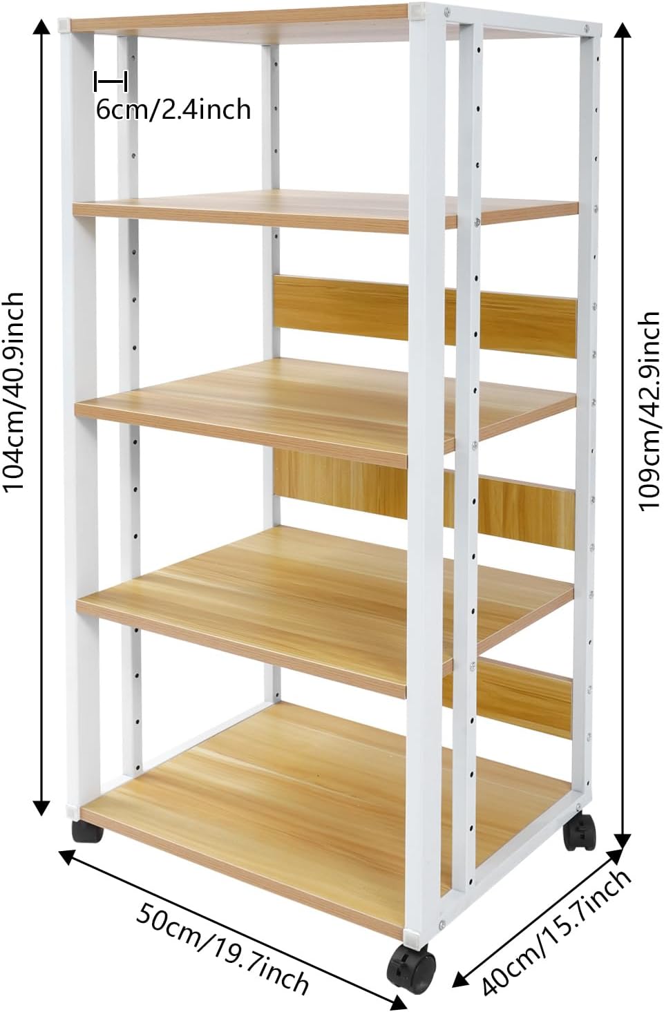 5-Tier Audio/Video Media Stand - White CD Player & Stereo Receiver Cabinet with 4 Lockable Wheels, Holds Up to 110 lbs, Perfect AV Equipment Display Rack for Living Room