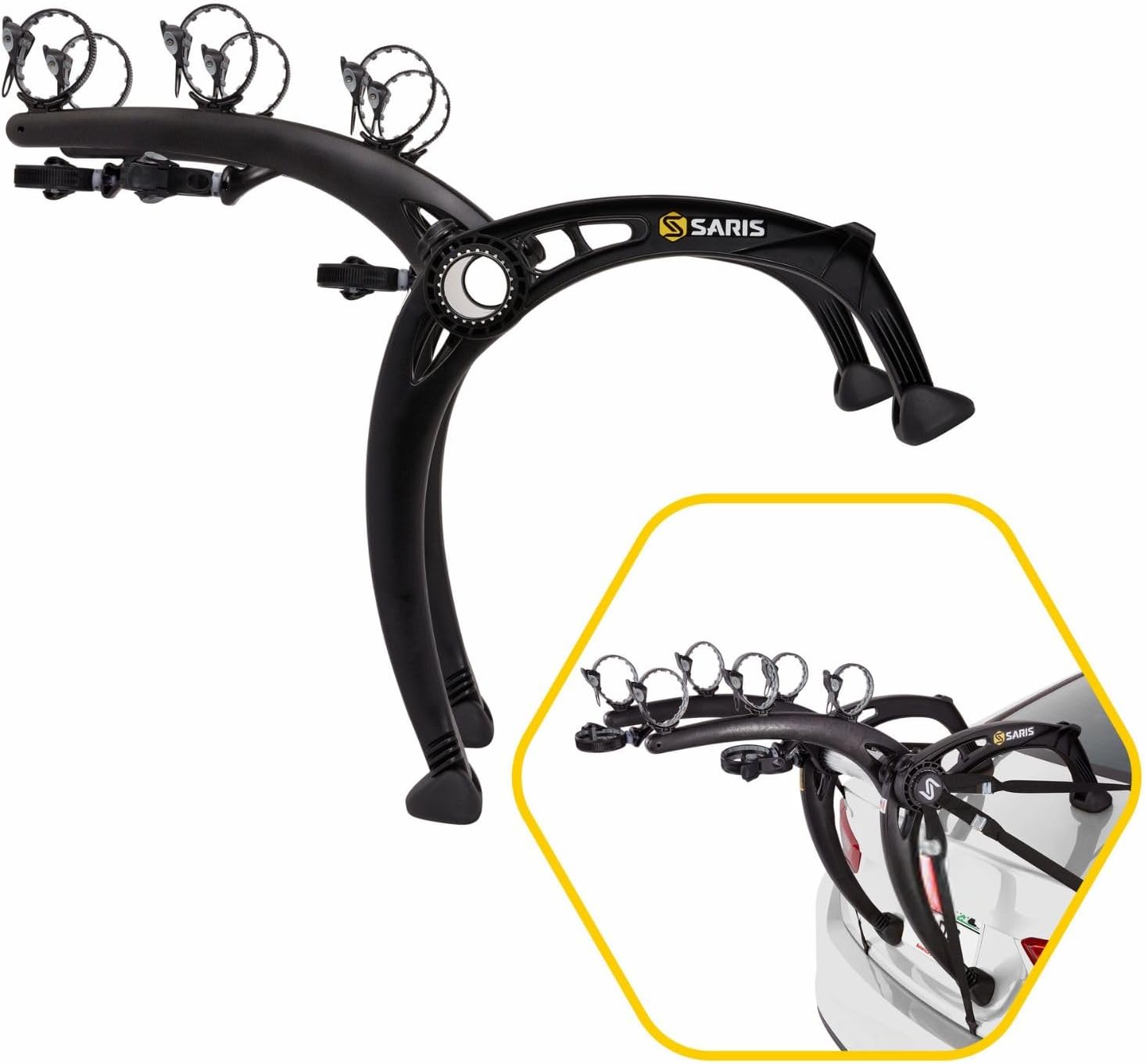 Saris Bones EX 3-Bike Trunk Rack Bicycle Carrier, Durable, Rust-Free, Anti-Sway Straps, Fits Most Vehicles, Made in USA, Arc-Based Design, 100% Recyclable Materials