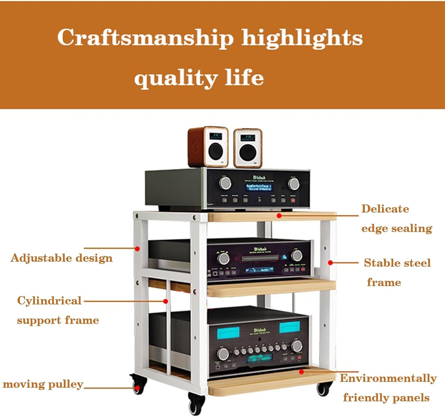 5 Layer Furniture Media Rack DVD CD Player Rack Audio Rack Power Amplifier Equipment Cabinet with Height Adjustable Wooden Shelf Floor Mounted Storage Rack(Light Walnut)