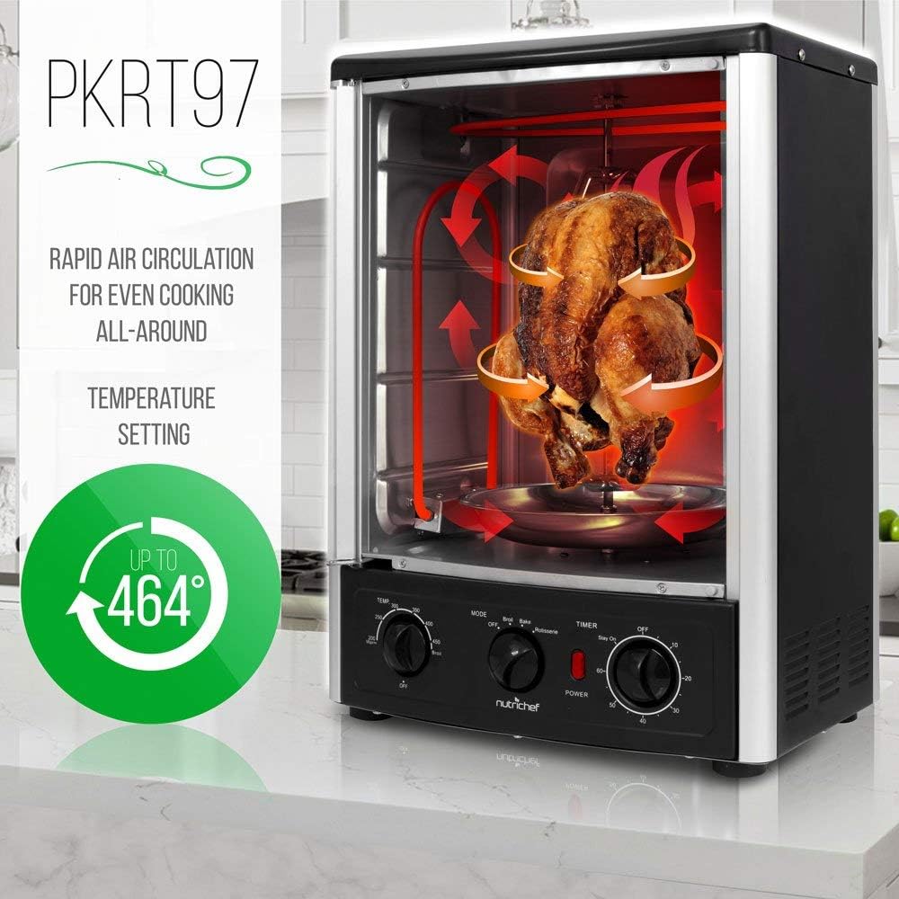 Nutrichef Vertical Countertop Oven with Rotisserie, Bake, Broil, & Kebab Rack Functions - Adjustable Settings - 2 Shelves - 1500W - Thanksgiving Turkey - Includes Grill, Kebab skewer racks & bake pan