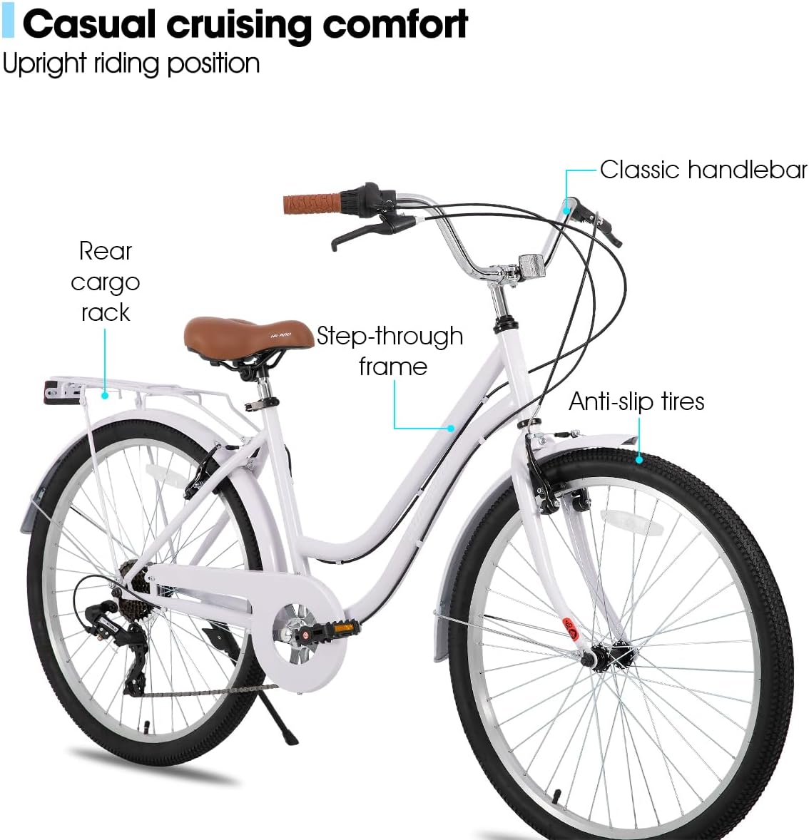 HILAND 26 inch Beach Cruiser Bike for Men and Women, 7 Speed Step-Through Frame Adult Bicycle with Rear Rack, Retro Bike Commuter City Bicycle