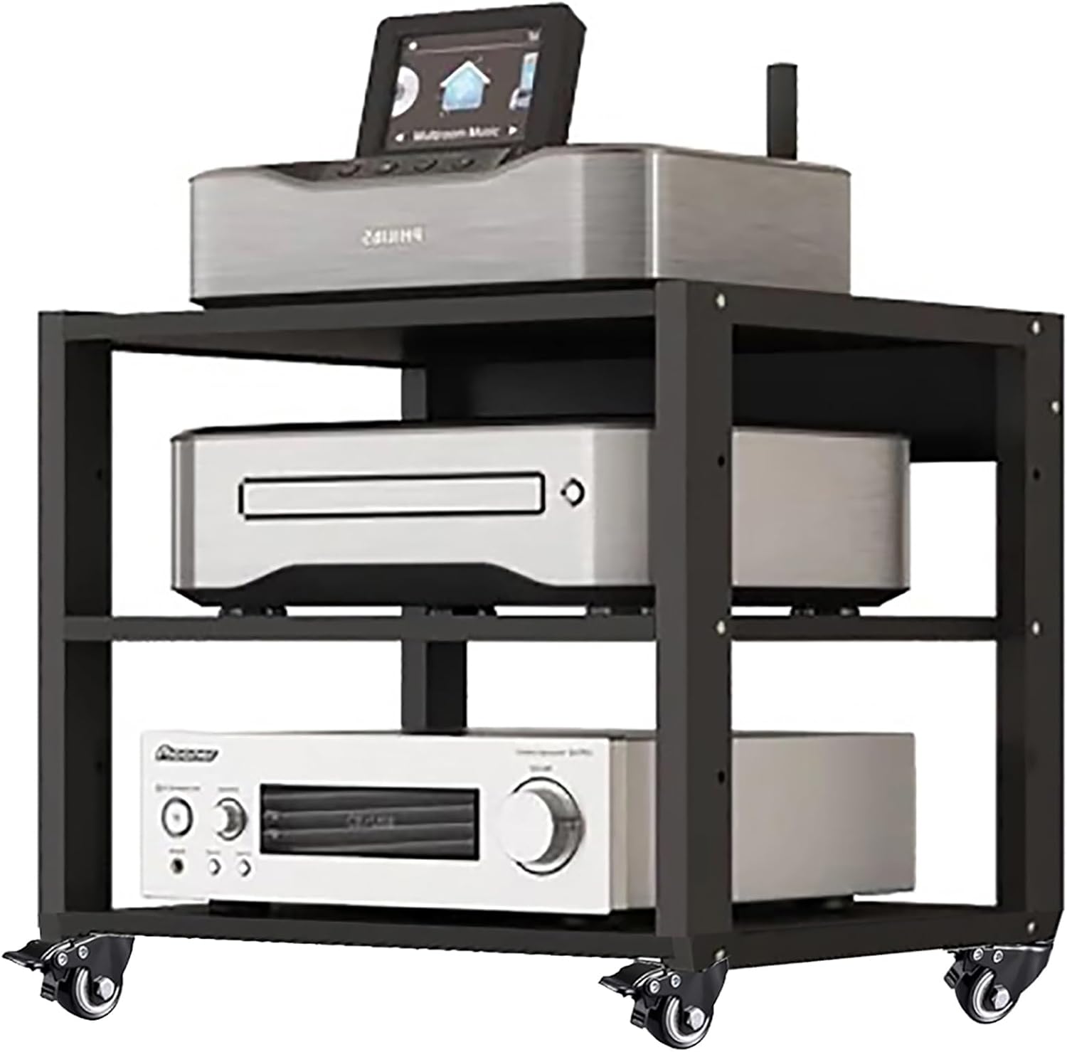Heavy Duty Media Stereo Stand Equipment Shelf, 1 2 3 4 Layer Black Video Game/DVD Holder, Audio Component Rack Tower for Tv Accessories Record Player Console(H49cm-2Tier)