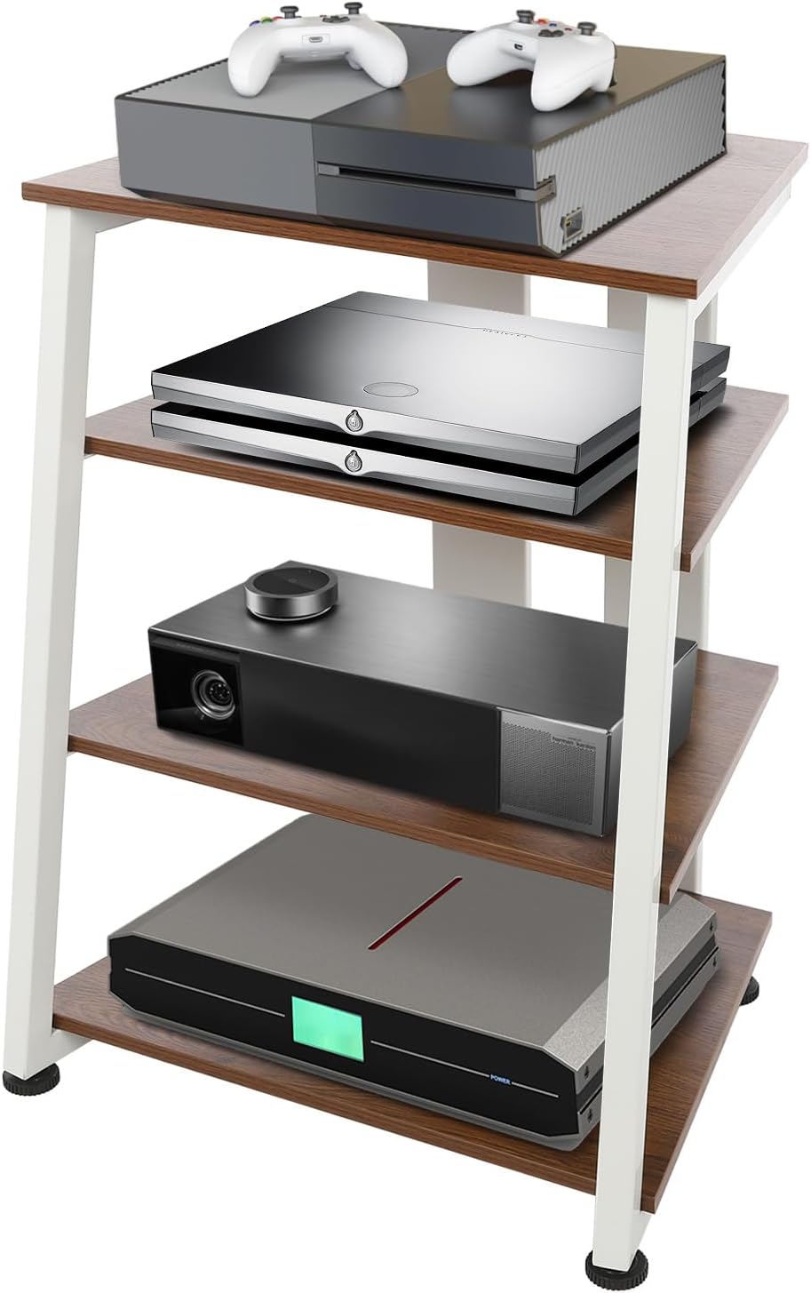 4-Tier AV Media Stand, Corner Shelf Stereo Audio Rack Stand with Adjustable Shelves, 110 lbs Total Capacity, Perfect for Home Theaters, Studios (Brown+White)