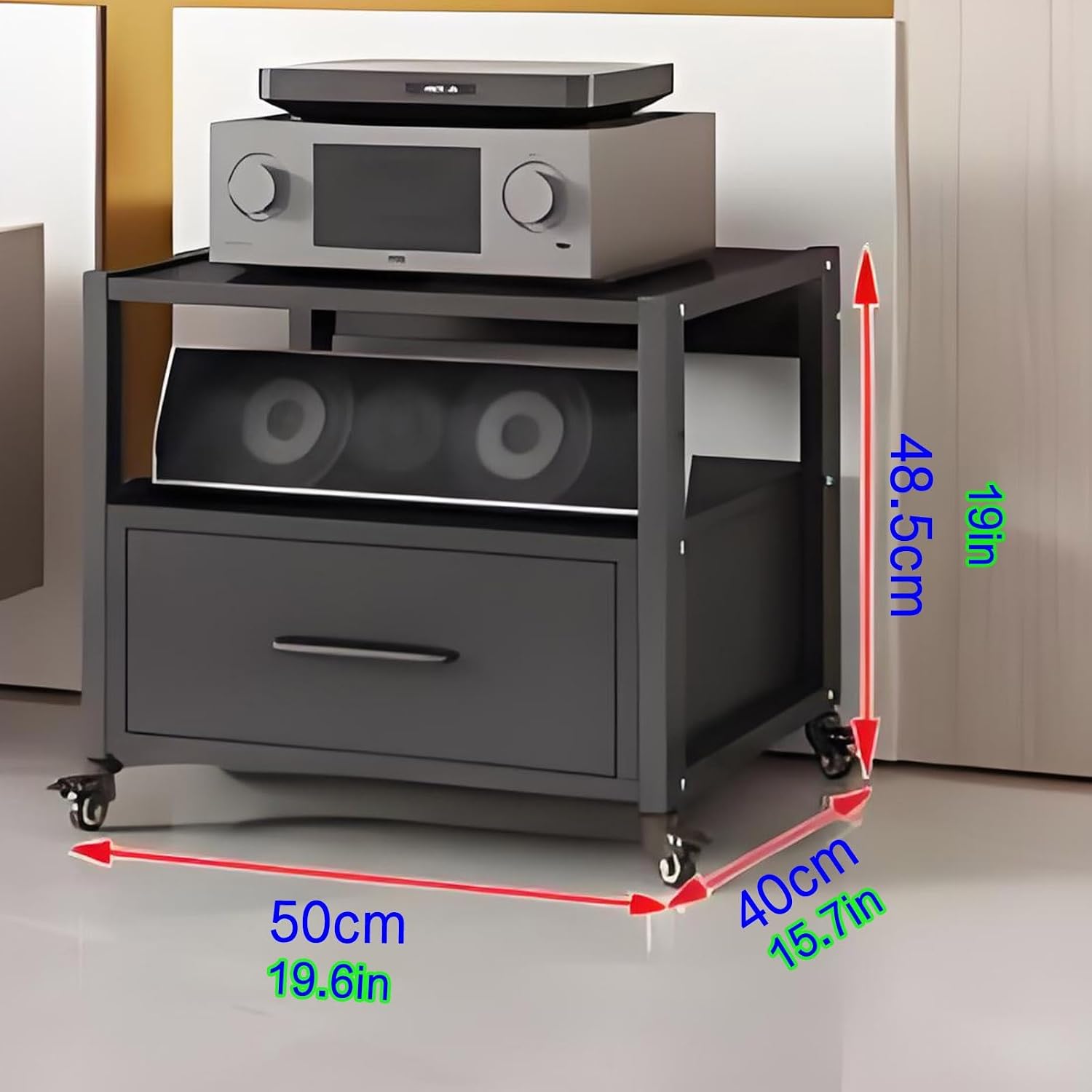 Modern Audio Cabinet - Movable Media Storage Rack for DVD/CD/Record Player, Adjustable Shelves AV Stand, Stylish Black Stereo Tower Holder (50x40)