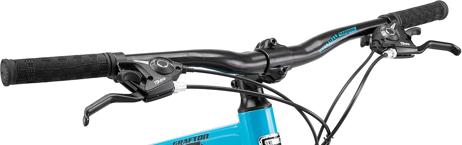 Mongoose Grafton Mountain Bike, 21 Speed, Aluminum Frame, Knobby Mountain Tires, Suspension Fork, Trigger Shifters, Mechanical Disc Brakes | Trigger Shifter, Aluminum Frame, Front Suspension