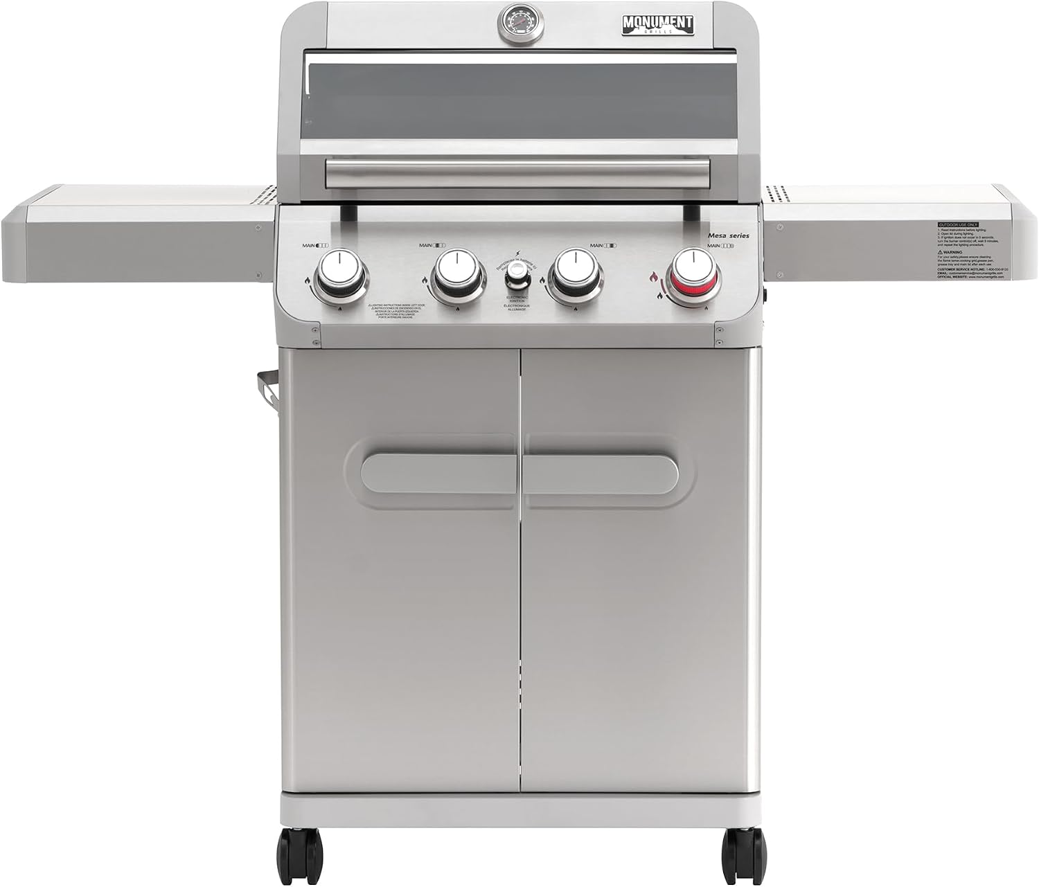 Monument Grills 4 Burner Propane Gas Grill, Stainless Steel Outdoor Patio Barbecue Grill, with Broil Zone Fast Heating, Knob Control, and Easy Cleanup, M410MBZ