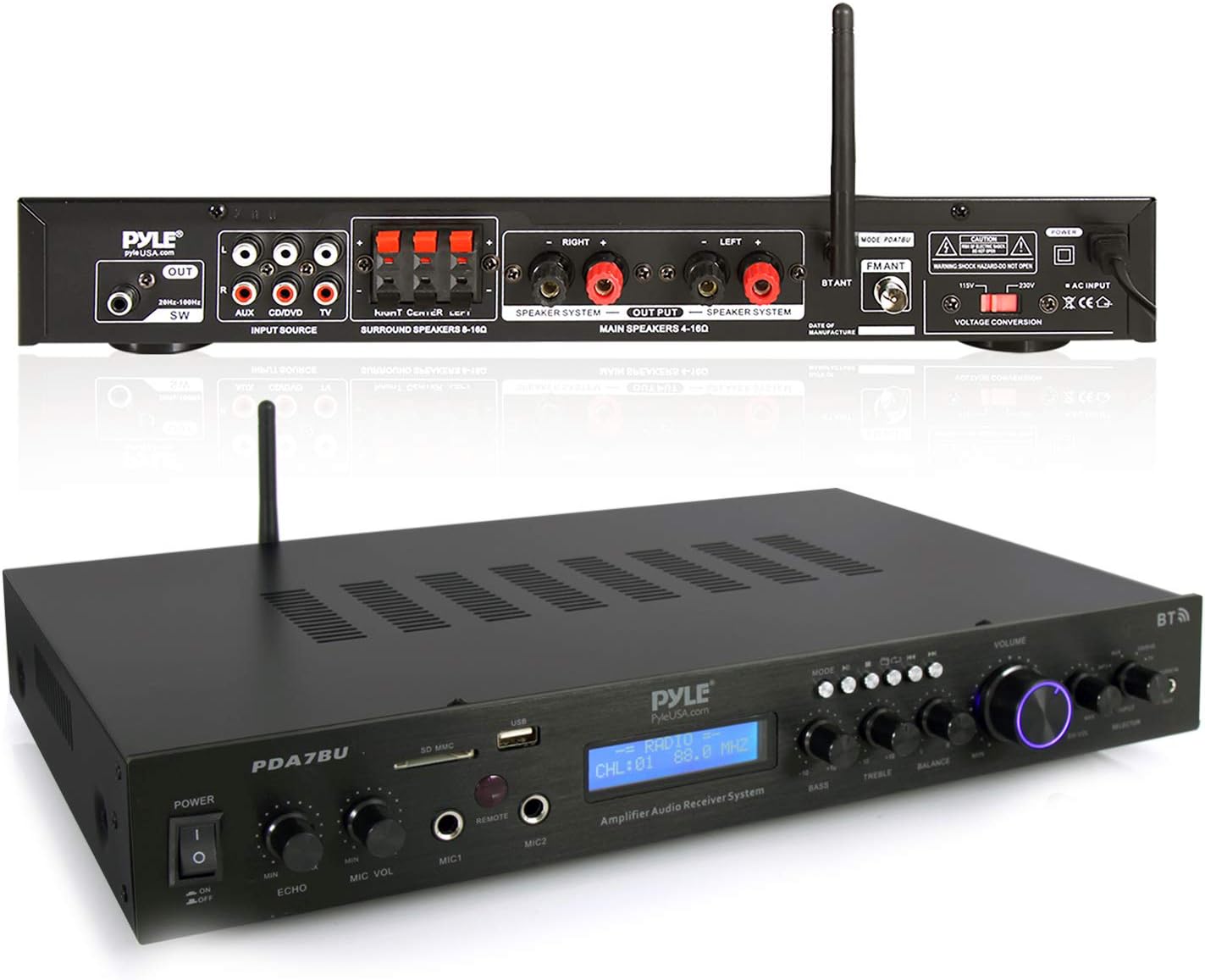 Pyle 5 Channel Bluetooth Receiver Home Theater Amp with 2 Vented 1U Server Rack Shelves for Electronics and Audio Equipment
