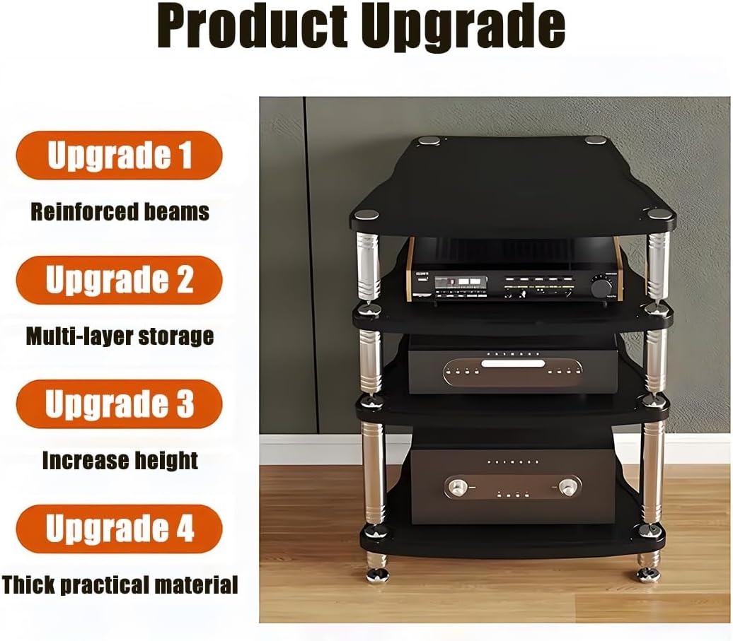 4-Layer HiFi Media Stand, MDF Audio Rack & Storage Cabinet with Shock-Absorbing Feet, Power Amplifier Shelf for Stereo Equipment (Wood Finish, 25.5'x26.1'x32.2')