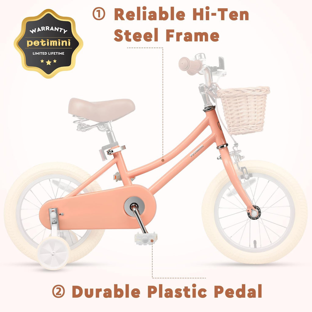 Petimini Vintage Kids Bike for Girls, 12–20 Inch Classic Bicycle with Wicker Basket & Bell, High Tensile Steel Frame, Training Wheels (12–18'), 85% Pre-Assembled, Retro Bike for Outdoor Riding