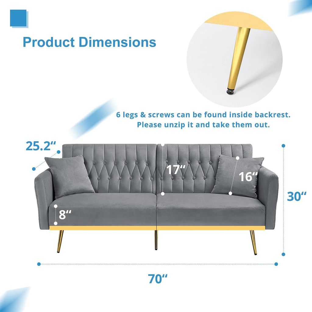 70' Velvet Futon Sofa Bed with 2 Pillows and Adjustable Armrests, Convertible Sleeper Bed W/Adjustable Backrests, Modern Loveseat for Living Room, Bedroom, Light Grey