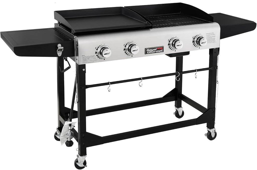 Royal Gourmet GD401 Portable Propane Gas Grill and Griddle Combo with Side Table | 4-Burner, Folding Legs,Versatile, Outdoor | Black 66 Inch