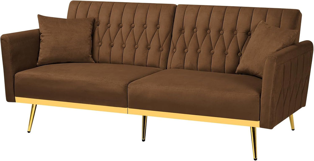 70' Velvet Futon Sofa Bed with 2 Pillows and Adjustable Armrests, Convertible Sleeper Bed W/Adjustable Backrests, Modern Loveseat for Living Room, Bedroom, Brown