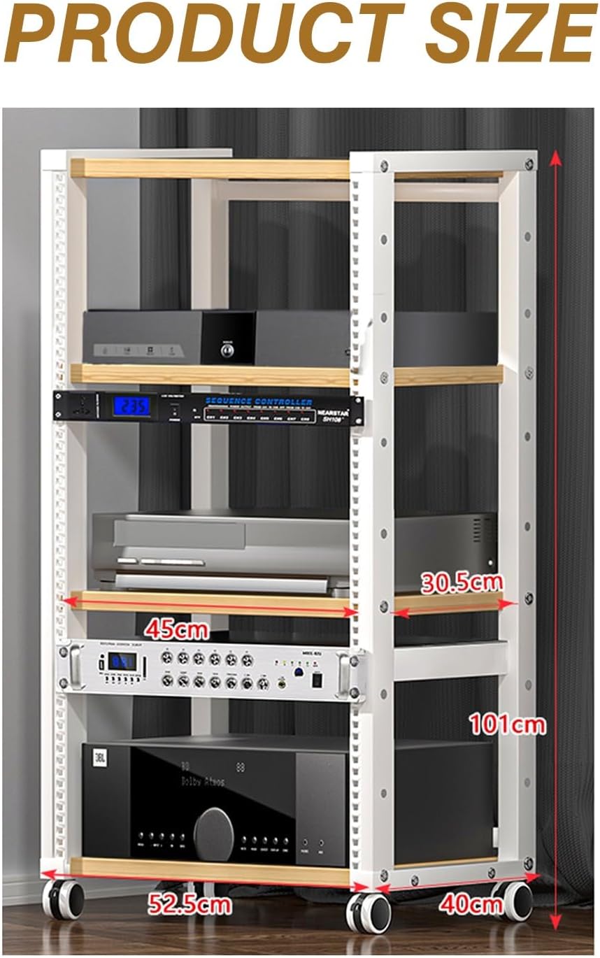 4 Tier Furniture Media Rack DVD CD Player Stand Audio Rack Power Amplifier Equipment Cabinet with Height Adjustable Wood Shelf Floor Standing Storage Rack for Bedroom, Living Room(Red Teak)