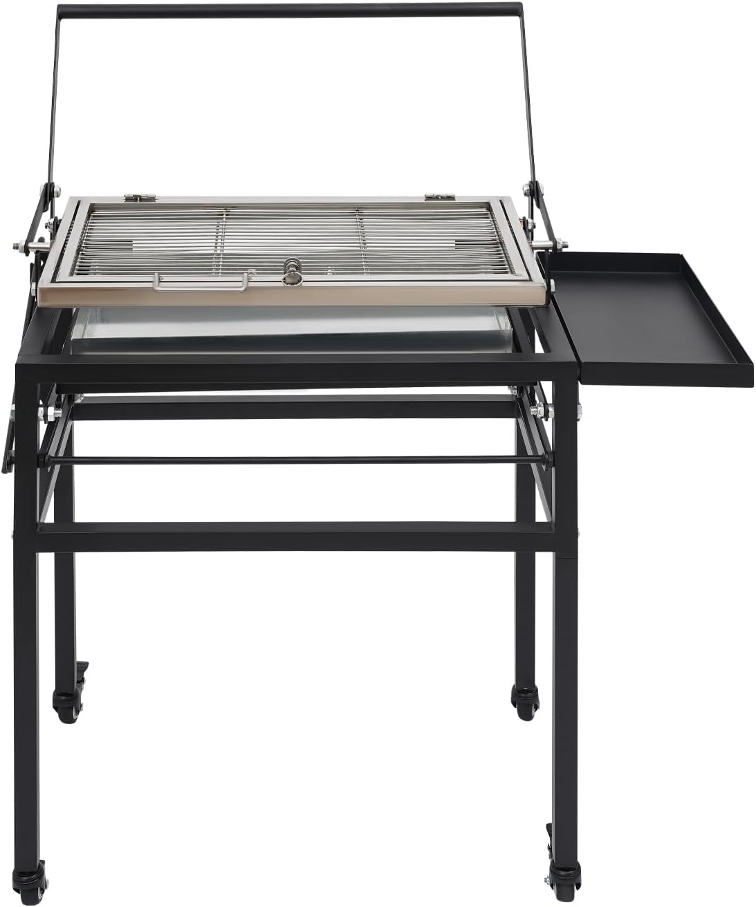 Charcoal Flip Grill, 360° Rotating Barbecue Grill for Camping with Adjustable Charcoal Tray & Clip Grid Portable Outdoor BBQ Grill On Wheels with Detachable Legs and Side Condiment Area