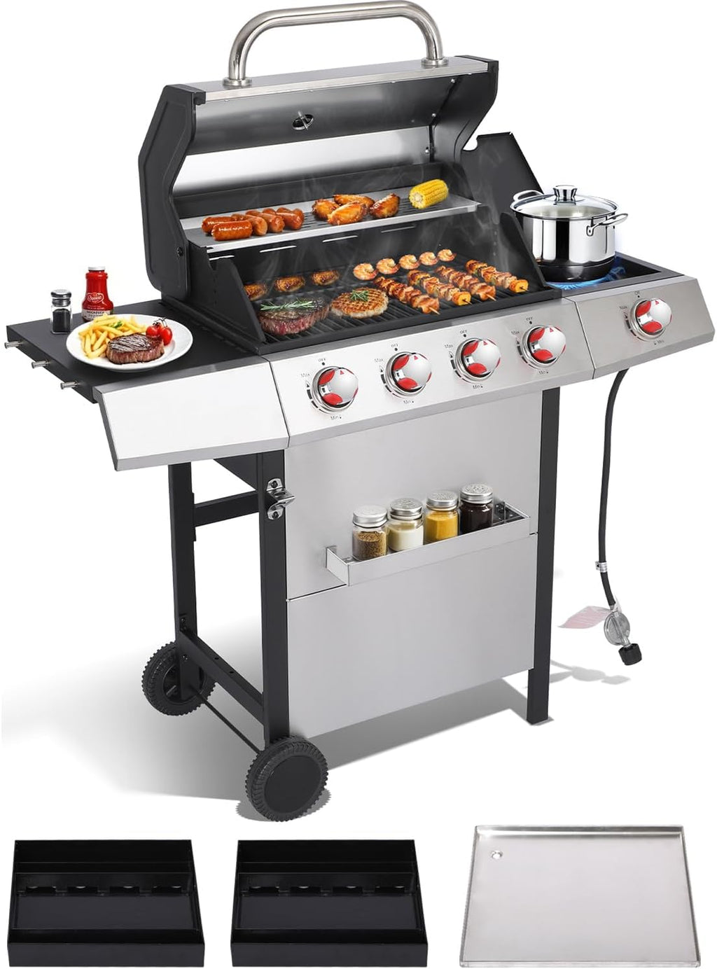 Dual Fuel 4-Burner Propane Gas Grill with Side Burner & Charcoal Trays | Outdoor BBQ & Griddle Combo with Cast Iron Grates, Stainless Steel Flat Top 448 sq. in. for Backyard Patio Camping