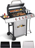 Dual Fuel 4-Burner Propane Gas Grill with Side Burner & Charcoal Trays | Outdoor BBQ & Griddle Combo with Cast Iron Grates, Stainless Steel Flat Top 448 sq. in. for Backyard Patio Camping
