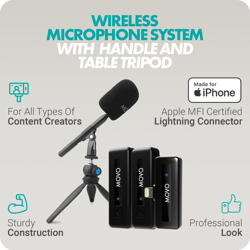 Movo WireL Mini DI-Duo Wireless Microphone for iPhone Podcast Equipment Bundle with WMX-HM Handle/Desktop Mic Stand - Wireless iPhone Mics for Podcasting, Interviews, and Content Creation