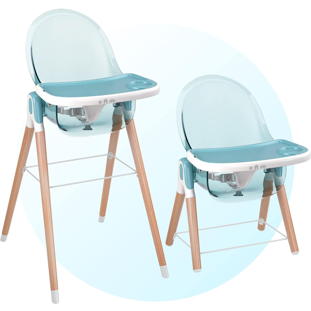 6 in 1 Deluxe Wooden High Chair for Babies & Toddlers, Modern Safe & Compact Baby Highchair, Easy to Clean & Assemble, Removable Tray, 6 Options 3 Seat Positions 2 Heights (Blue)
