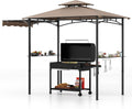 Tangkula 11x5 FT Grill Gazebo with Side Awning, 2-Tier Barbecue Gazebo with 2 Shelves, 12 Hanging Hooks, Bottle Opener, Outdoor Grill Canopy for Backyard Garden Poolside (Brown)