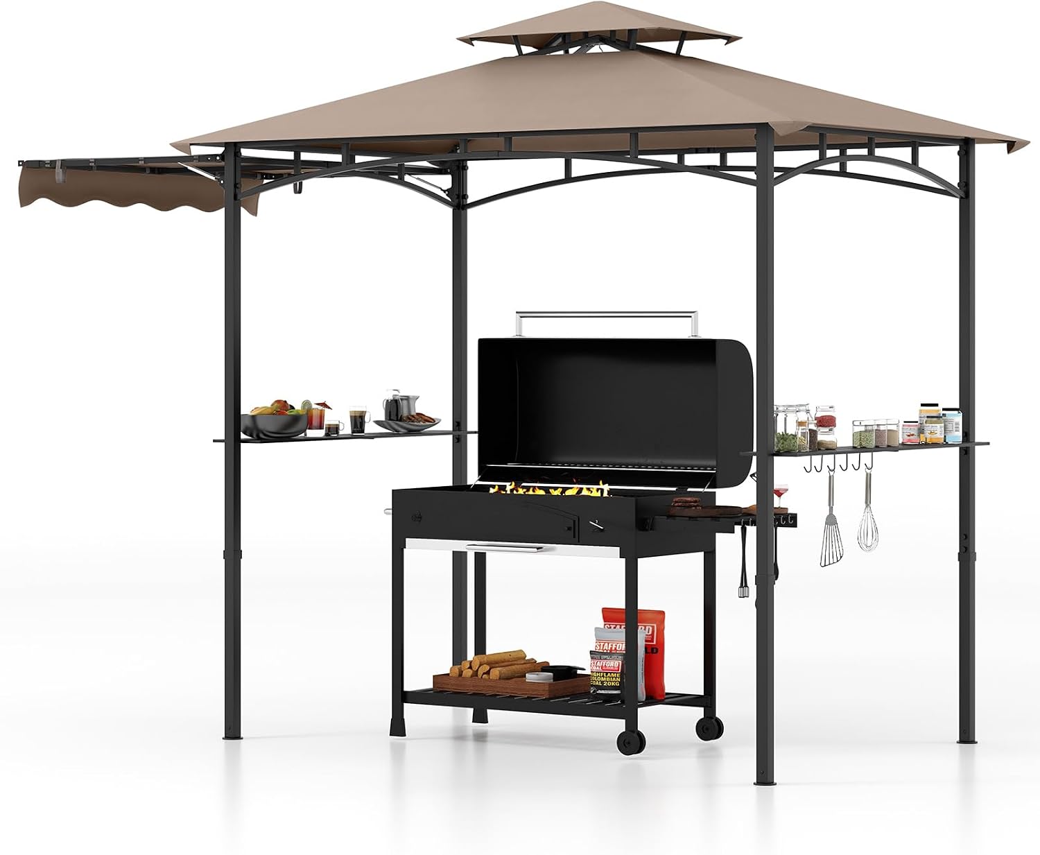 Tangkula 11x5 FT Grill Gazebo with Side Awning, 2-Tier Barbecue Gazebo with 2 Shelves, 12 Hanging Hooks, Bottle Opener, Outdoor Grill Canopy for Backyard Garden Poolside (Brown)