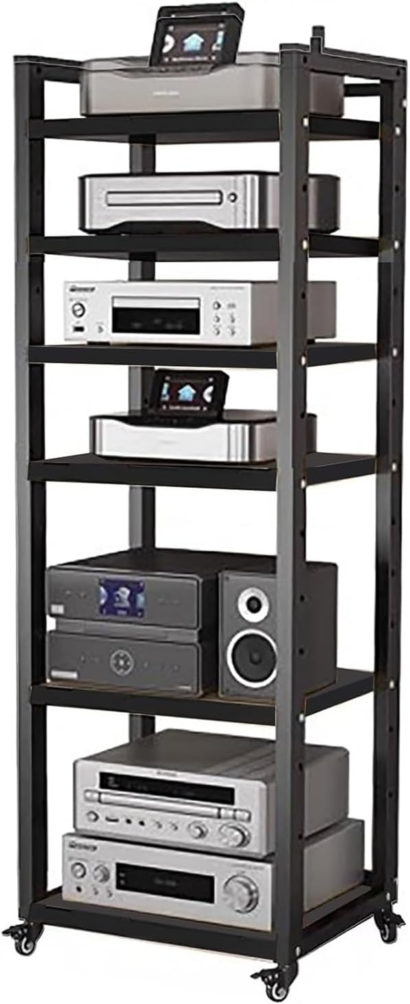 Audio Equipment Rolling Cart 5 6 7 8 Tier Media Storage Shelf for Radio - Stereo - TV Box - Cable Box - WiFi Router - Stereo Cabinet Wood, Multi-Function Open Storage Rack,Black(6 tier-60X40X161CM)