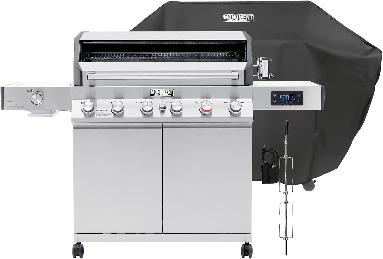 Monument Grills 6+1 Burner Smart Tech Propane Gas Grill, Denali 605Pro Stainless Steel Grill 78,000 BTU Outdoor Patio Barbecue Grill with Side Sear Burner, Knob Control, Cover and Rotisserie Kit