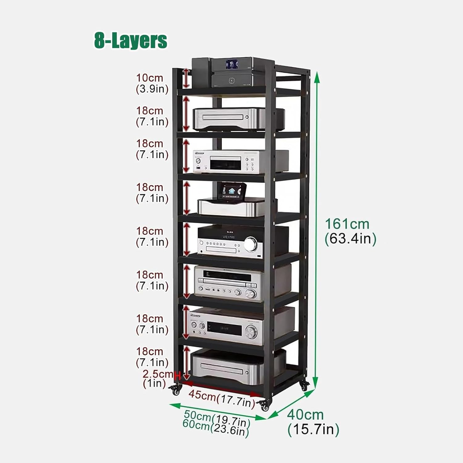 Audio Equipment Rolling Cart 5 6 7 8 Tier Media Storage Shelf for Radio - Stereo - TV Box - Cable Box - WiFi Router - Stereo Cabinet Wood, Multi-Function Open Storage Rack,Black(8 tier-60X40X161CM)