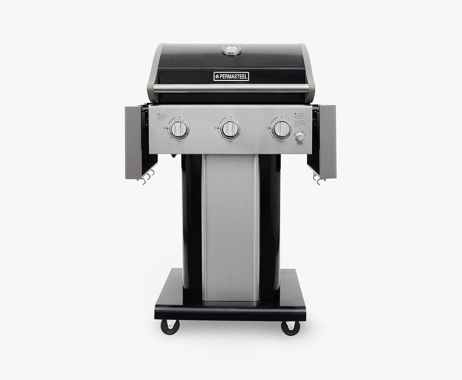 Permasteel 3-Burner Propane Gas Grill, 30,000 BTUs BBQ Grill with Cast Iron Grates, Foldable Side Tables & Tool Hooks, Outdoor Grill, Black