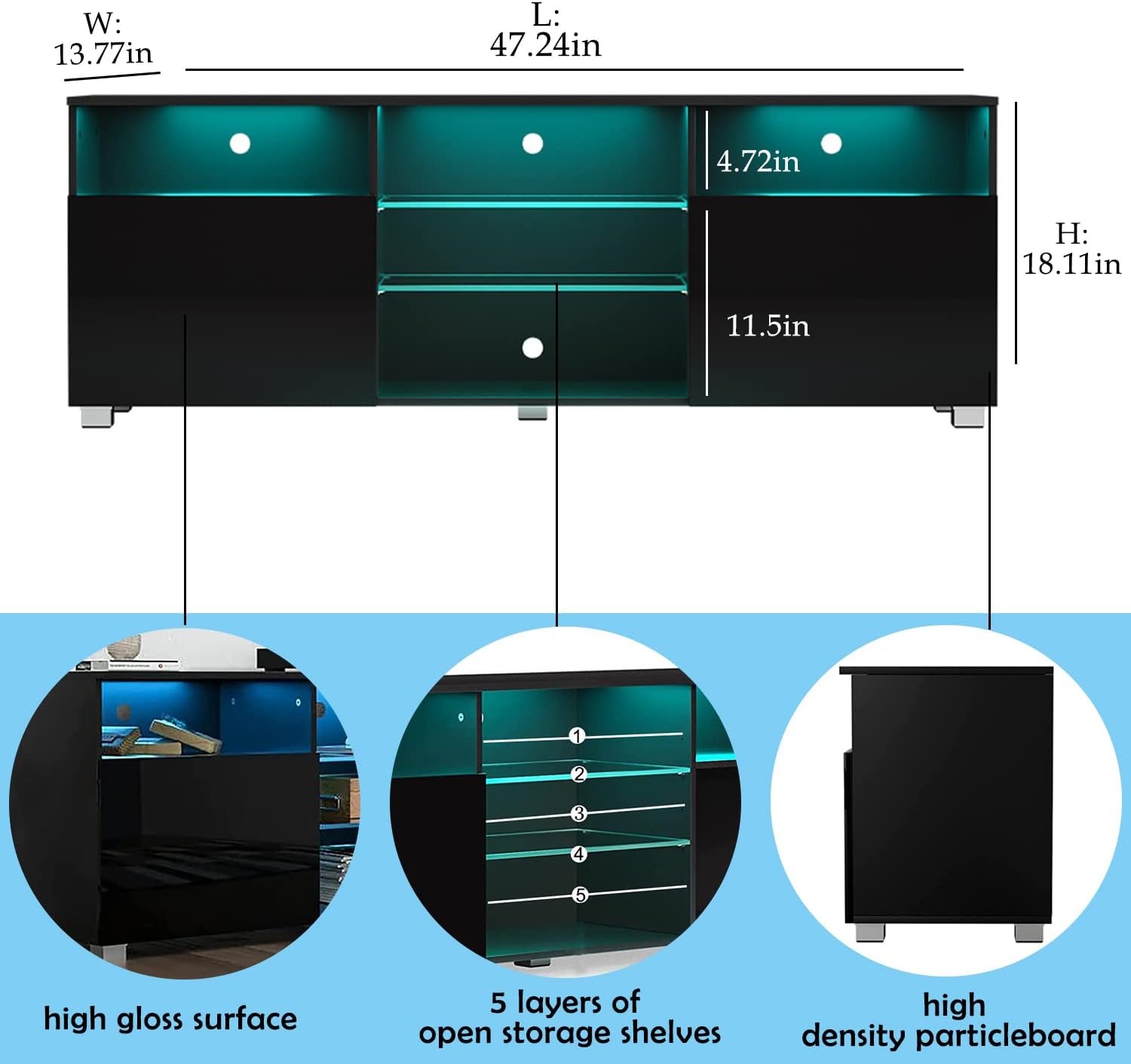 High Glossy LED Black TV Stand for 55/60/65 inch TV,Modern LED Entertainment Center with Adjustable Storage Shelves,Game Console Entertainment Center,TV Table Media Furniture (47inch, Black)