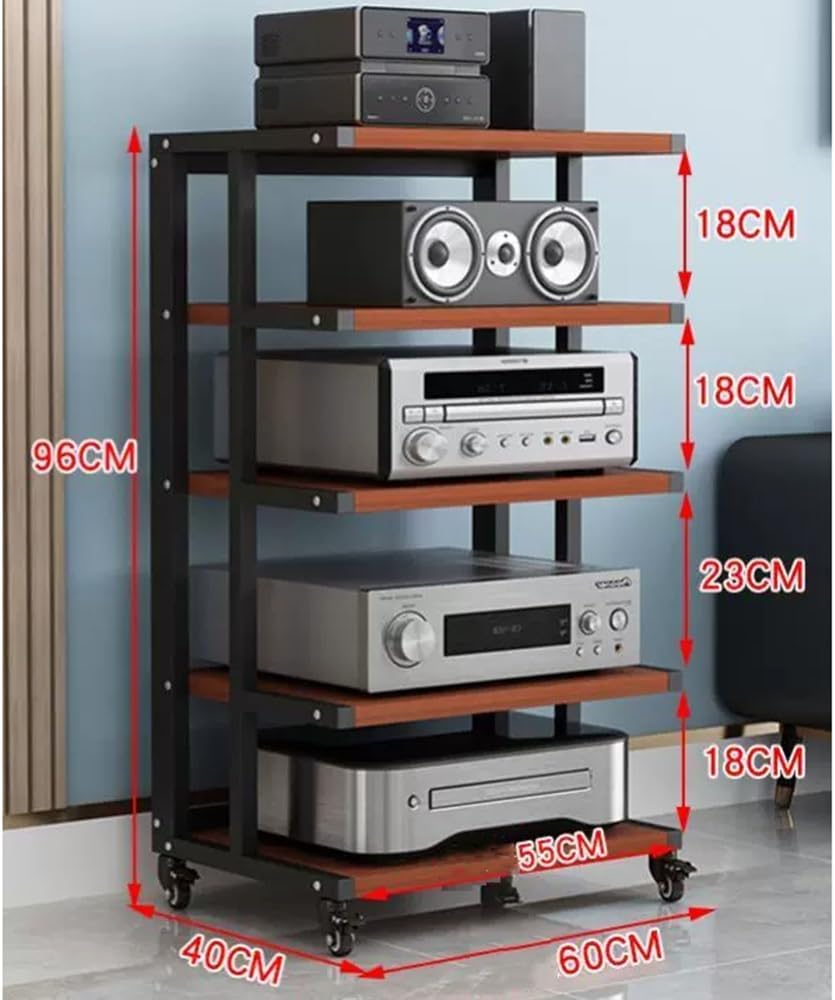 5-Tier Mobile Audio Stand with Wheels - Rolling HiFi Rack for Stereo Components & Av Equipment Storage Adjustable Height Durable Design for Home & Studio Use-White+Walnut-5 Tier