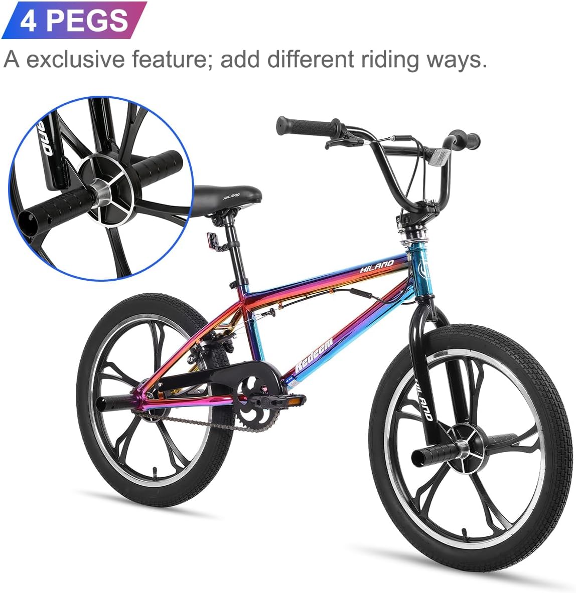 Hiland 20 Inch 3 5 Spoke Kids BMX Bike for Boys Girls Ages 5-12, 360 Degree Rotor Freestyle, 4 Pegs Single Speed Kid's BMX Bicycle, Multiple Colors