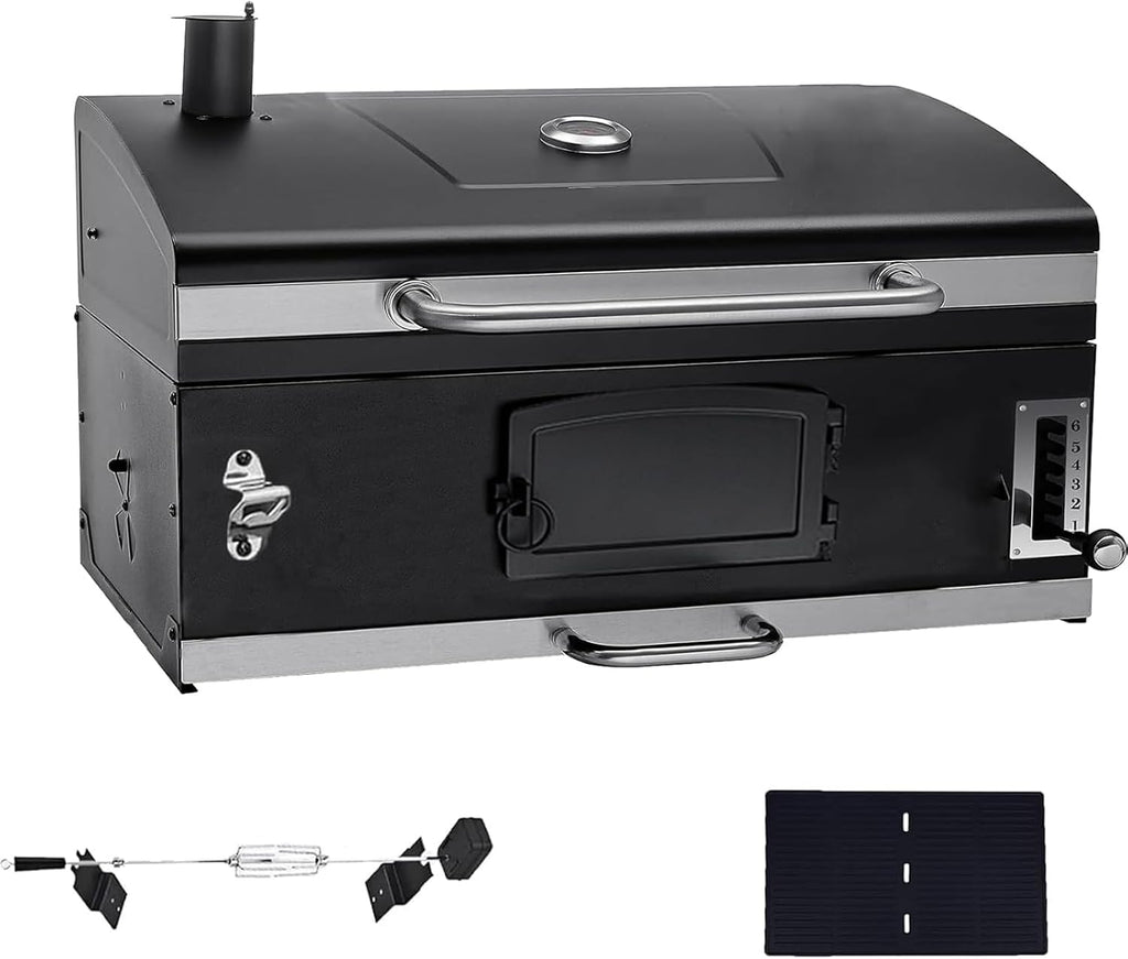 29In Built in BBQ Grills, Large Outside Charcoal Grill with BBQ Fork Kit Liftable Tray & Thermometer, Black Stainless Steel Barbecue Grill for Outdoor Kitchen Cooking Patio Camping Park Style