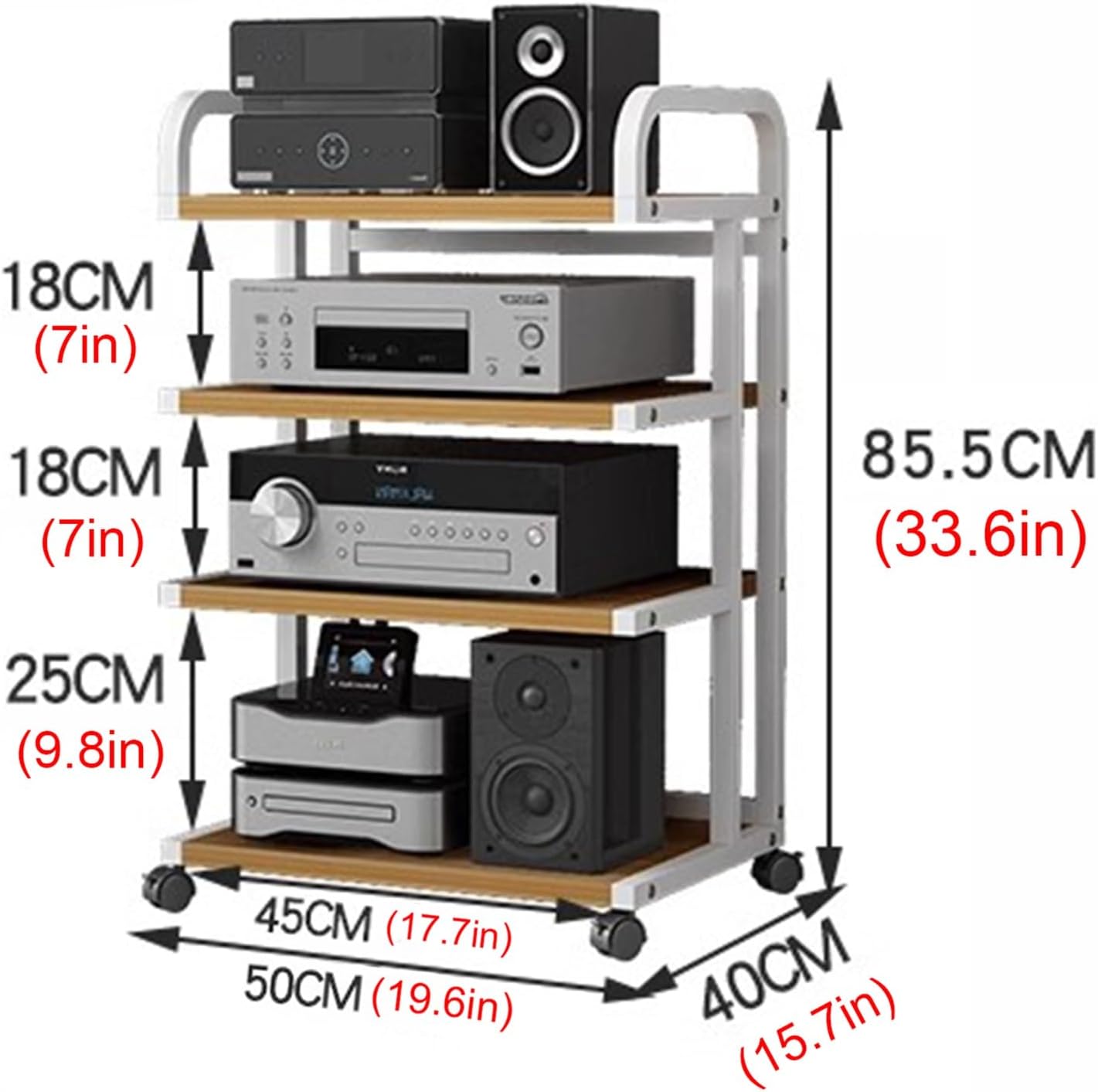 WDJBPSH Floorstanding DVD CD Player Stand, Audio Media Equipment Storage Rack with Wooden Shelf, Home Gaming Consoles Organizer Holder with Brake Wheels & Handrails(Size:4-Tier)