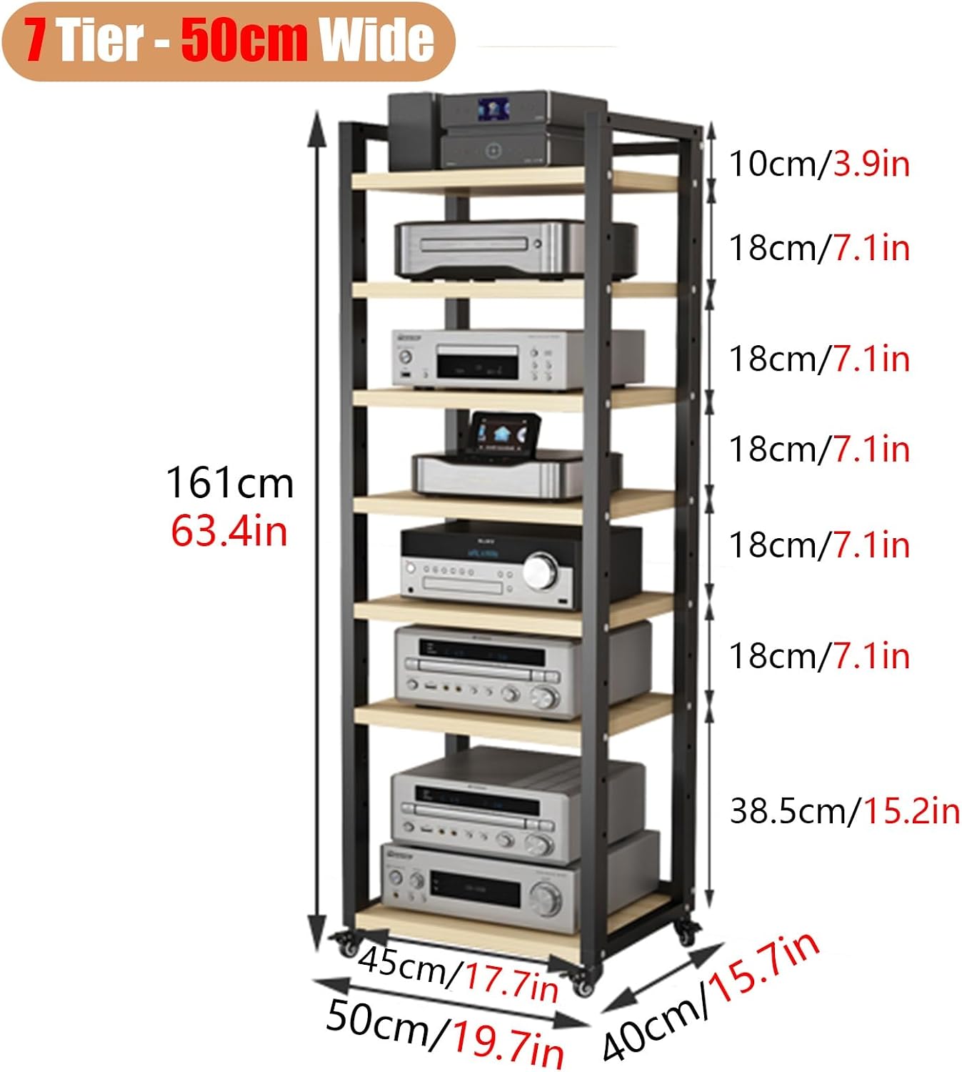 Stereo Rack Cabinet 63 Inch High, 5 6 7 8 Tier Record Player Stand for Turntable Av Media Receiver Equipment Storage, Adjustable Shelving Audio Tower Shelf(Color:7 Tier,Size:50cm Wide)