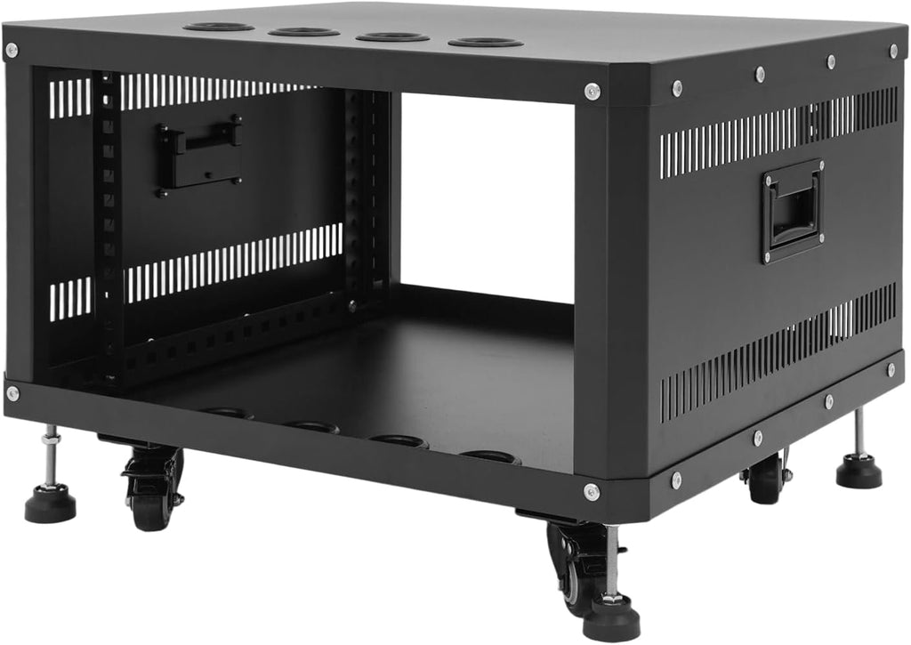 6U Network & Stereo Rack, Universal AV Equipment Rack with Caster Wheels, 22-Inch Rolling Open Server Audio Cabinet, AV Rack Stand for Studio, Server, Network Gear, Built-in Ventilation Holes (Black)