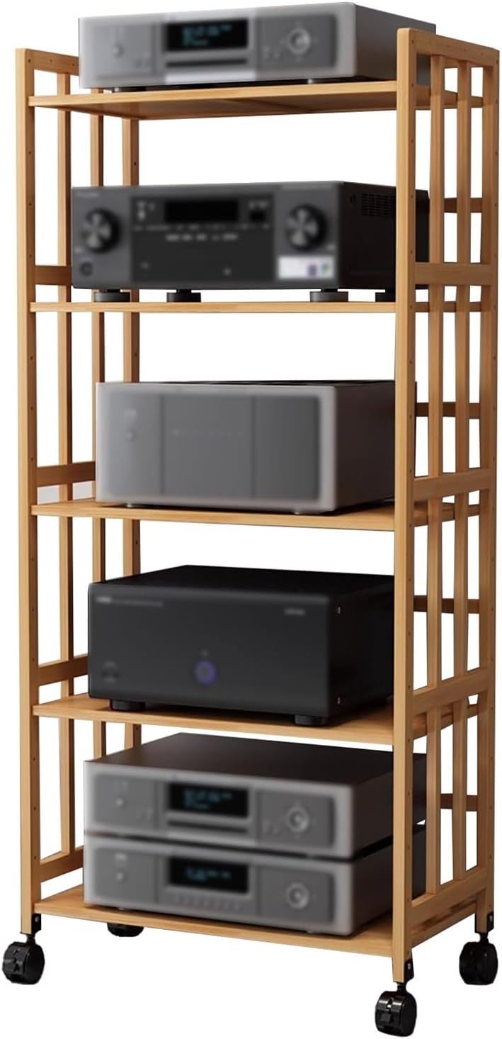 5-Tier Audio Rack Tower - Movable Media Stereo Stand for CD/DVD Changer, Turntable, Integrated Amp & Gaming Devices - Speaker Amplifier Storage Unit for Home, Office & Clubs