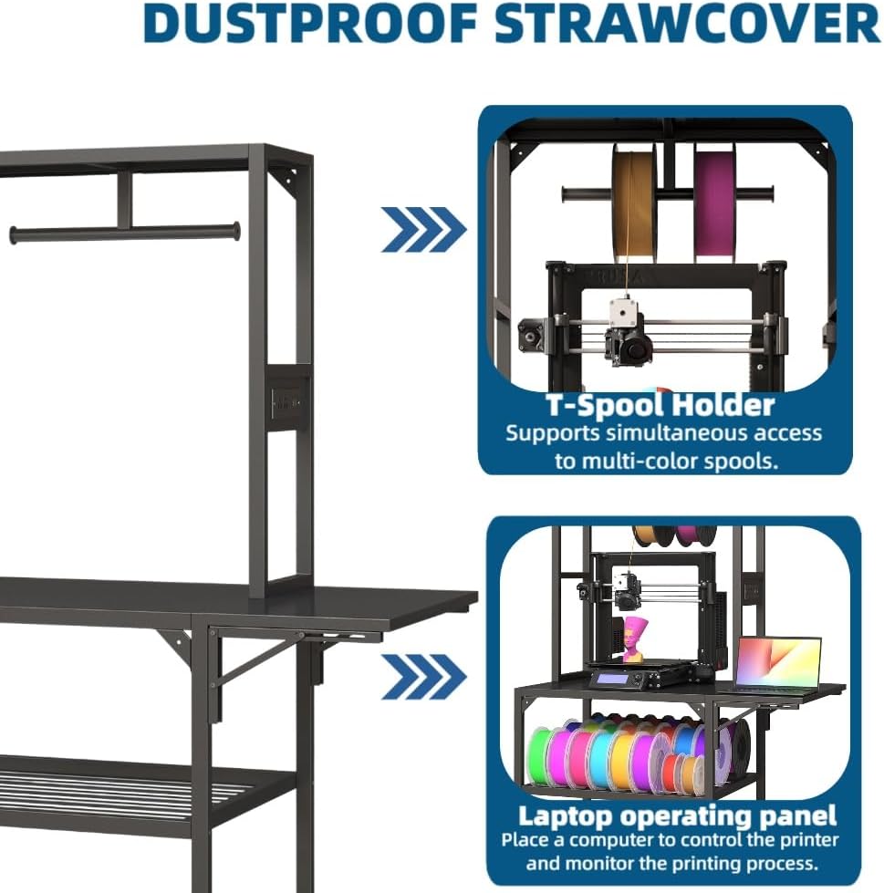 3D Printer Stand Heavy Duty 3D Printer Table with Workbench Filament Storage Rack T-Shaped Spools Holder Rack Wheels for Office Home